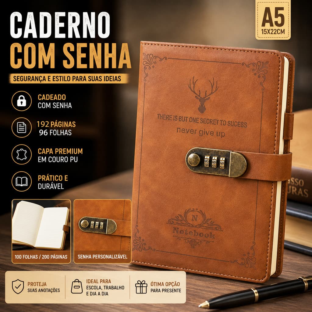 Caderno com cadeado de combinação em formato de cabeça de veado,192 páginas, estilo executivo elegante.