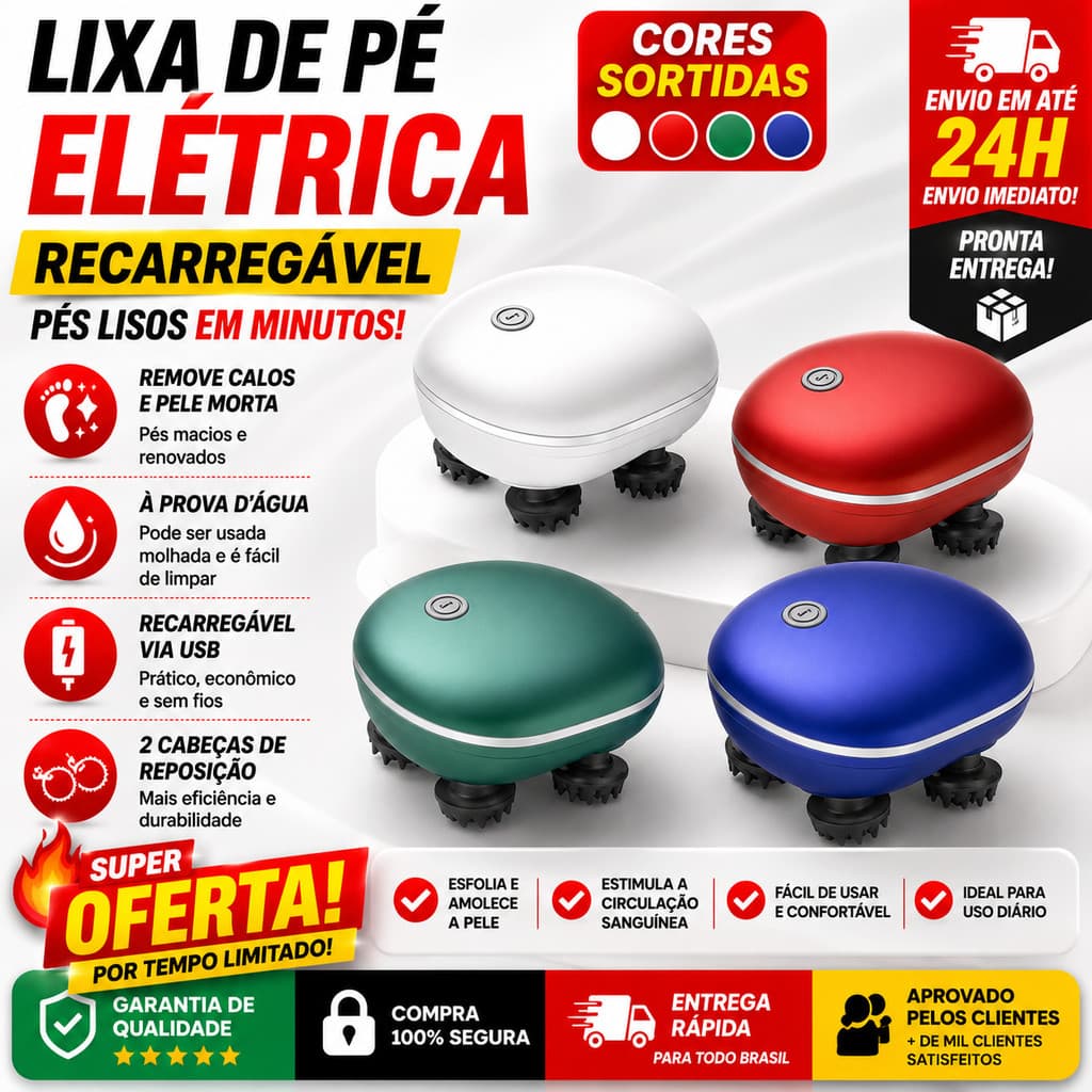 Massageador Elétrico Cabeça Pescoço Corpo Recarregável com 3 Velocidades e 4 Cabeças de Massagem Bivolt (Cores Sortidas)
