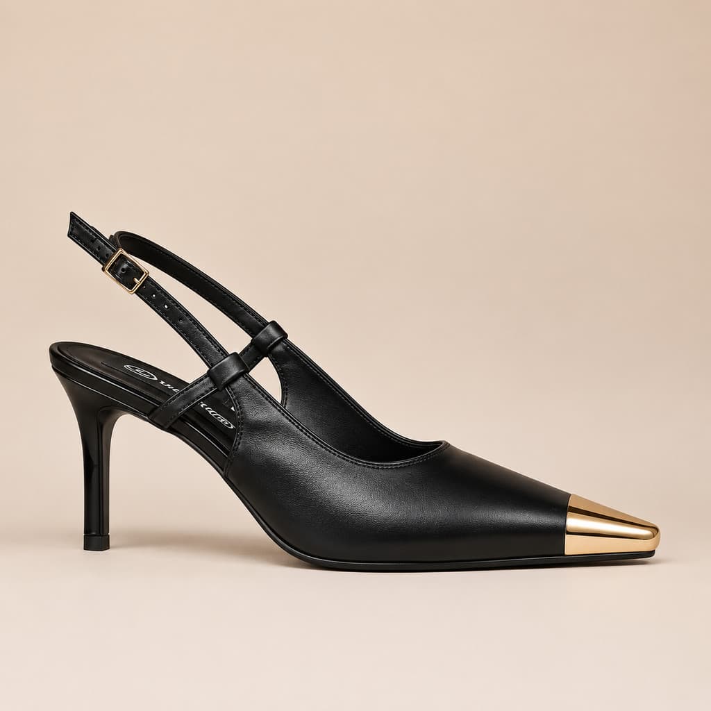 Scarpin Slingback Bico Fino com Ponteira Metalizada Salto Fino Elegante Premium