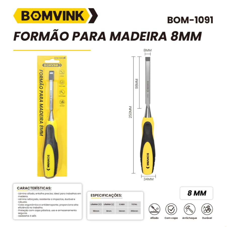 Formão para Madeira8MM12MM19MM25MM32MM38MM Bomvink Profissional Aço Temperado