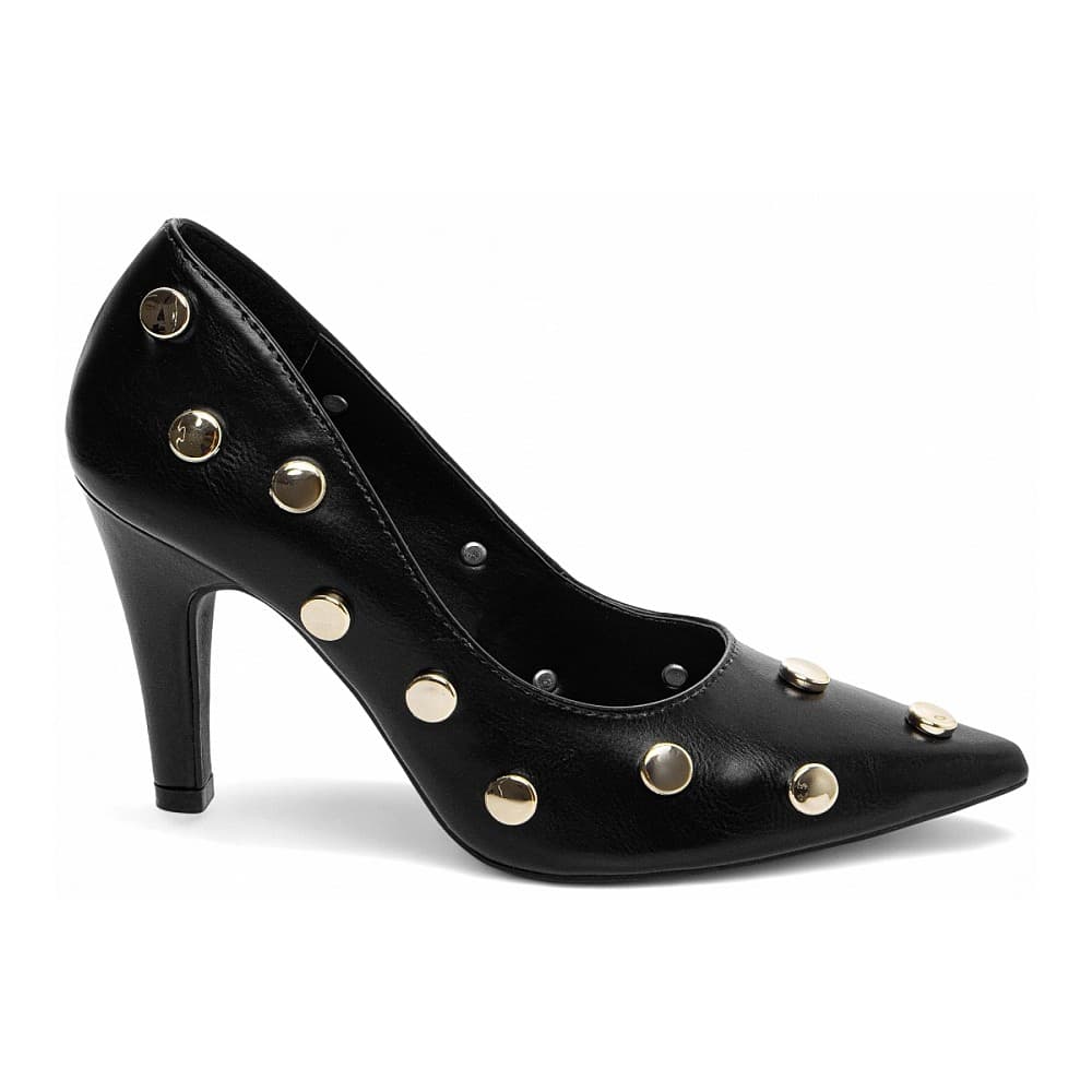 Sapato Scarpin Salto Alto Fino Bico Fino Apliques ABS  Napa Preto