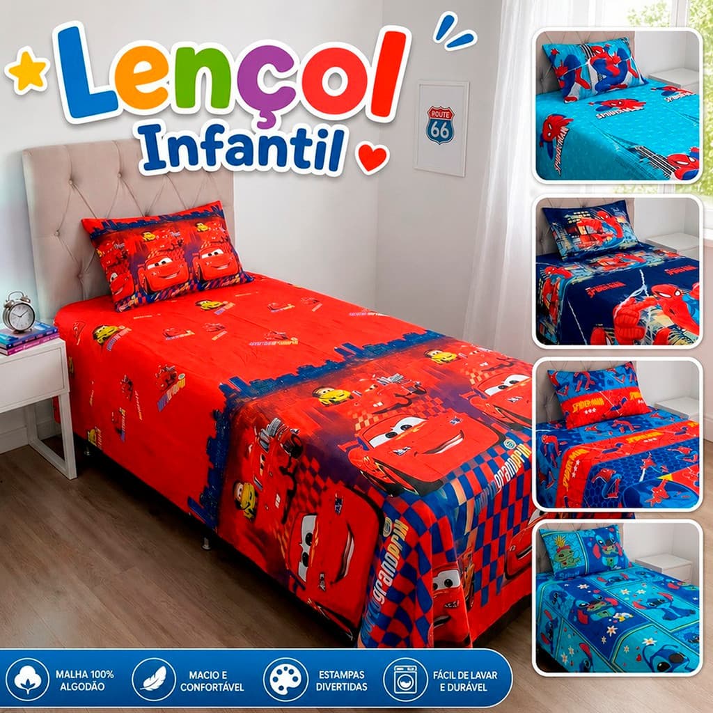 Kit Lençol Solteiro Infantil Porta Travesseiro 2pçs Toque De Algodão