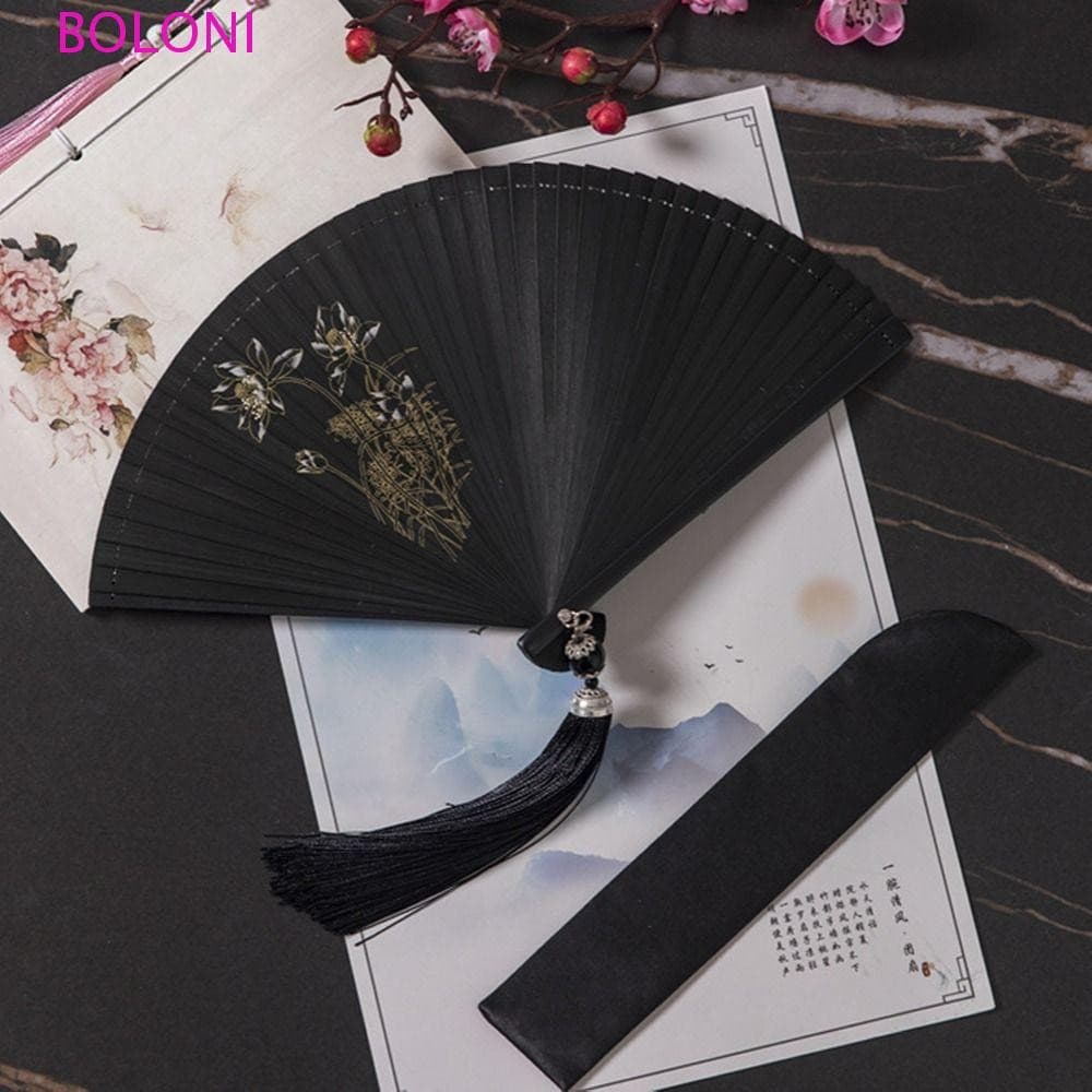 Ventilador Dobrável Feminino BOLONI , Clássico Japonês Preto Portátil De Bambu Estilo Chinês Requintado