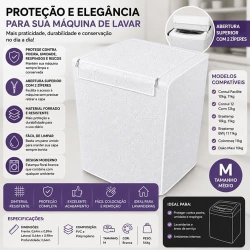 Capa Resistente Forrada Zíper Abertura Superior Proteção Máquina Lavar Médio Branca Prática Durável