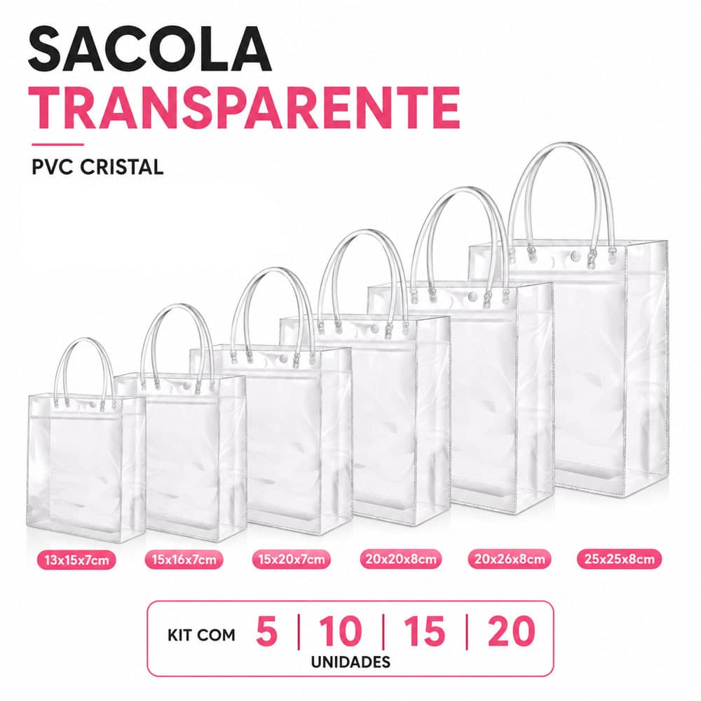 Sacola Transparente PVC Multiuso | Kit 5/10/15/20 Unidades | Impermeável para Presentes e Praia