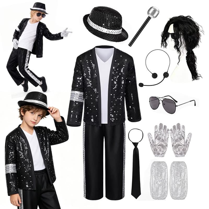 Crianças Michael Jackson Inspirado Pop Estrela Lantejoulas Terno Acessórios Completos Chapéu Peruca Microfone Luvas Para