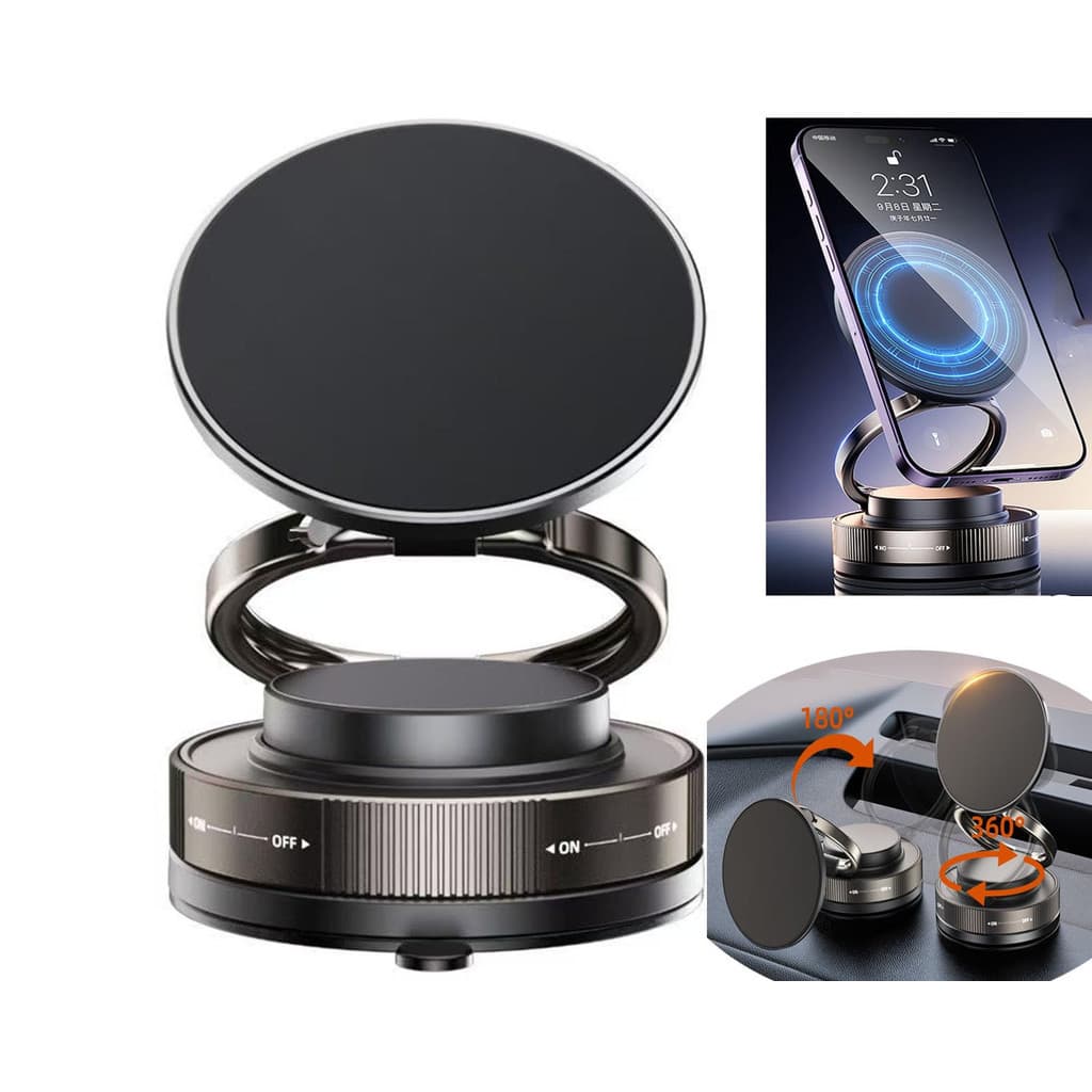 Suporte Magnético Universal 360° Rotação Dupla Face, Vácuo e Ventosa, Multifuncional para Carro e Mesa