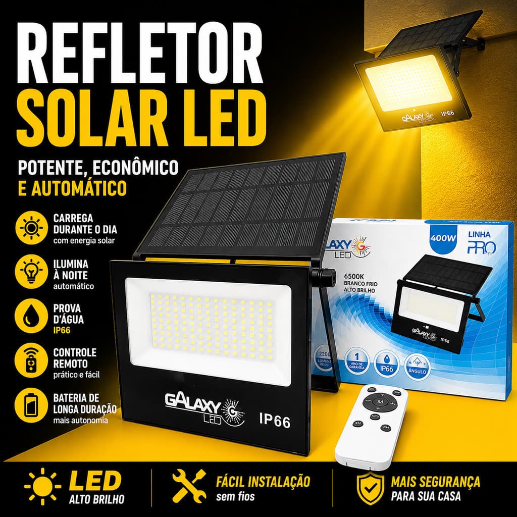 Refletor Solar Led 100w com Controle Remoto e Placa Original - Galaxy  luminária solar refletor resistente à água