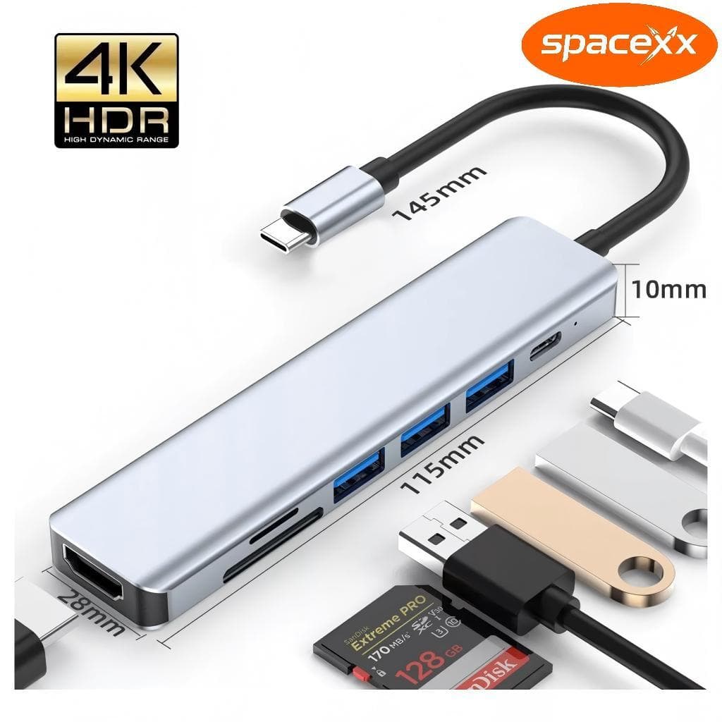 HUB 7 em 1 Tipo C USB HDTV 4K 30Hz Vídeo USB 3.0 USB 2.0 SD TF Cartão Slot Leitor de Dados USB-C-Spacexx