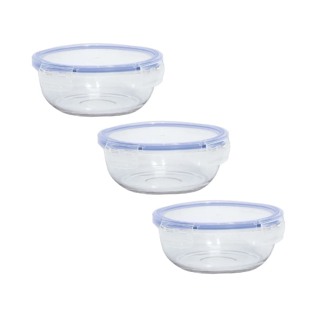 Jogo 3 Potes Vidro 580ml Marmita Micro-ondas Freezer Tigela Refratário Guardar Comida Geladeira Antivazamento 4 Travas