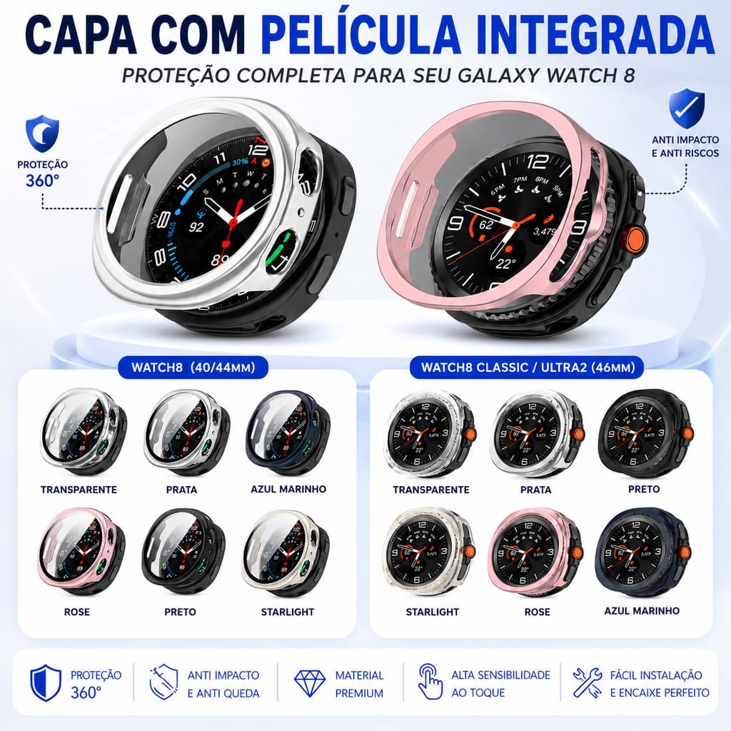 Capa com Película Integrada Samsung Galaxy Watch 8 40mm/44mm e Watch 8 Classic 46mm(2025)  Anti Impacto