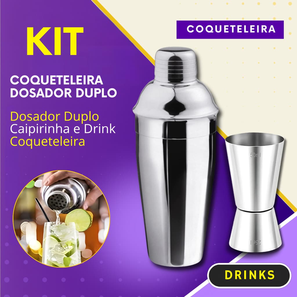 Kit 2- Coqueteleira + Dosador Duplo Aço Inox Bares Drinks Caipirinha Restaurante