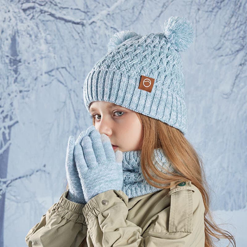 3 Pçs Inverno Crianças Chapéu Conjunto Para Meninas Meninos Quente Malha Gorro Cachecol Luvas Velo Pompom Boné 4-10Y