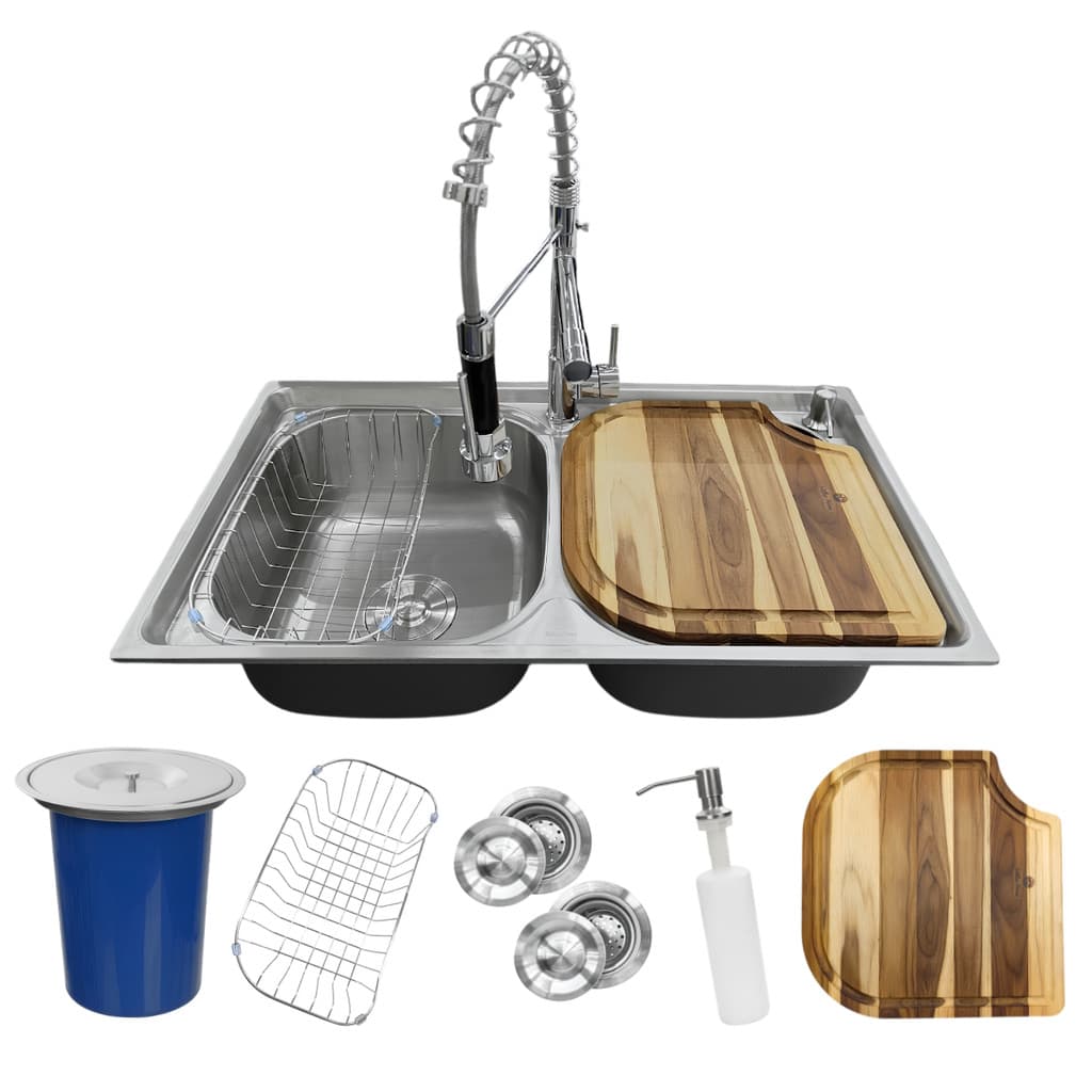 Kit Cuba Dupla Torneira Gourmet Lixeira Inox 5L Tabua Teca
