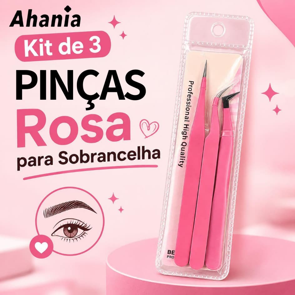 Kit de 3 Pinças Rosa para Sobrancelha de Aço Inoxitável, Modelo Reta/Meio Curvada/Curva.L