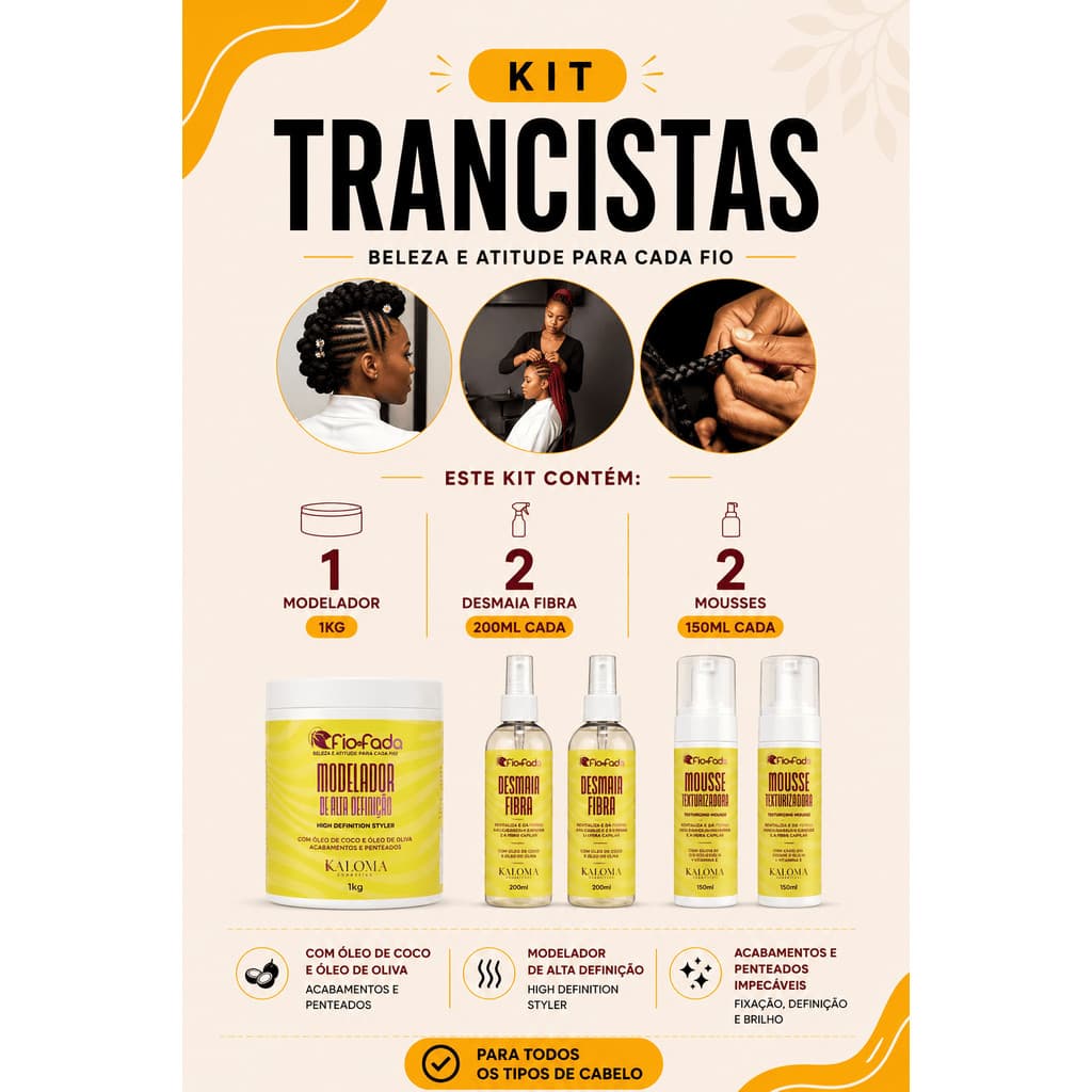 Kit Trancista Fio de Fada 1 Modeladores 1KG + 2 Desmaia Fibra + 2 Mousses Definição Anti Frizz