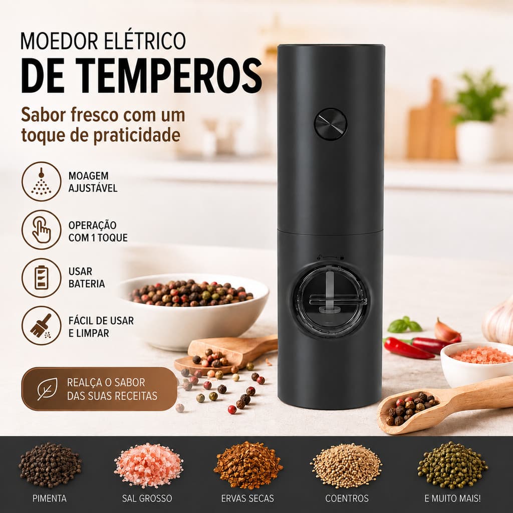 Moedor Elétrico de Sal e Pimenta Automático com Ajuste de Moagem a Pilhas