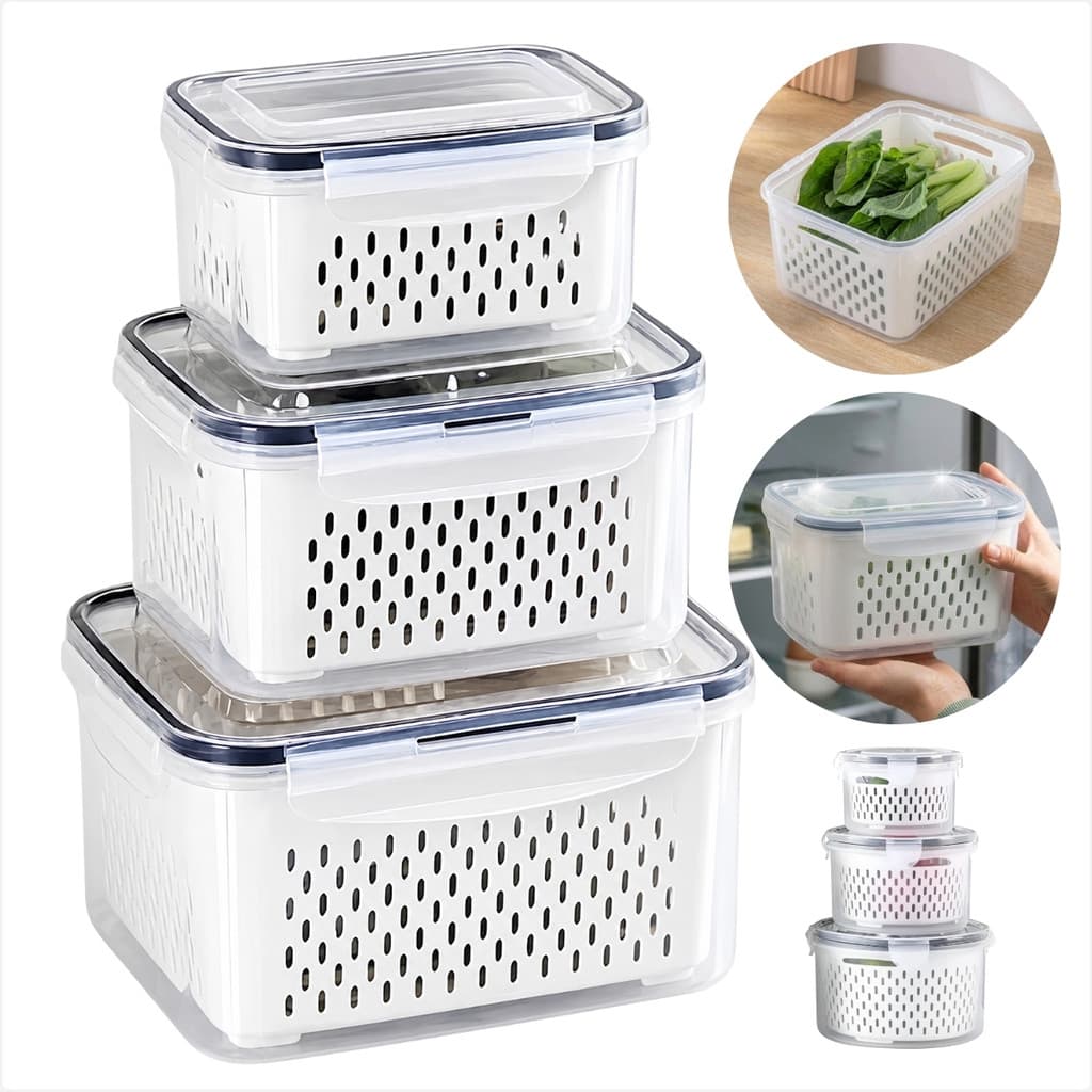 Conjunto Organizador Geladeira Para Frutas e Legumes Com Sistema de Drenagem