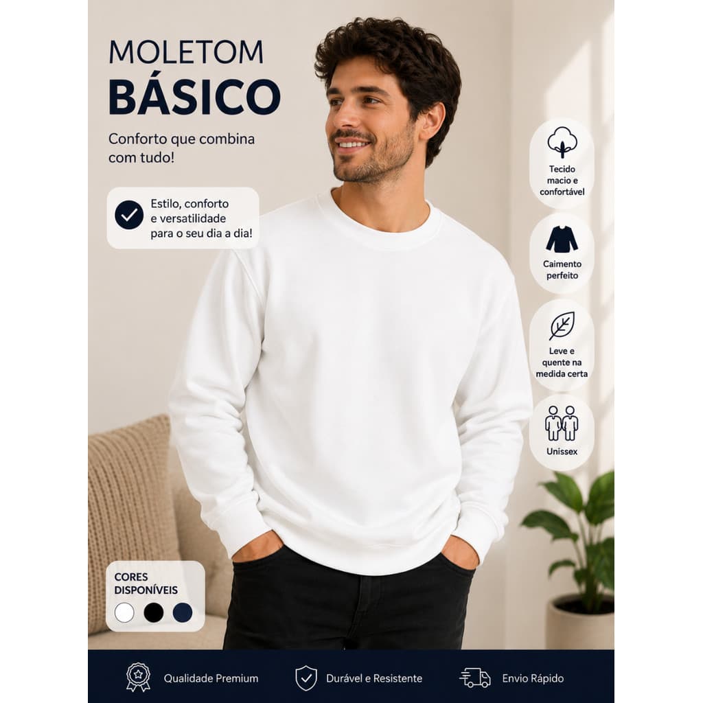 Blusa Masculina De Moletom Branca OFF White Preta Azul Marinho Lisa Algodão Oferta!