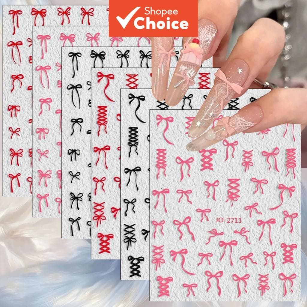 3/6/12 folhas Adesivos de Unhas 3D Laço Vermelho/Rosa/Preto, Decalques de Fita, Autocolantes, Estilo Coquette, Laço de