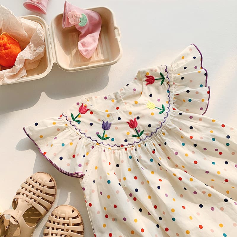 Crianças roupas meninas roupas vestido coreano colorido bolinhas tulipa bordado 2026 estilo verão manga voadora doce pri