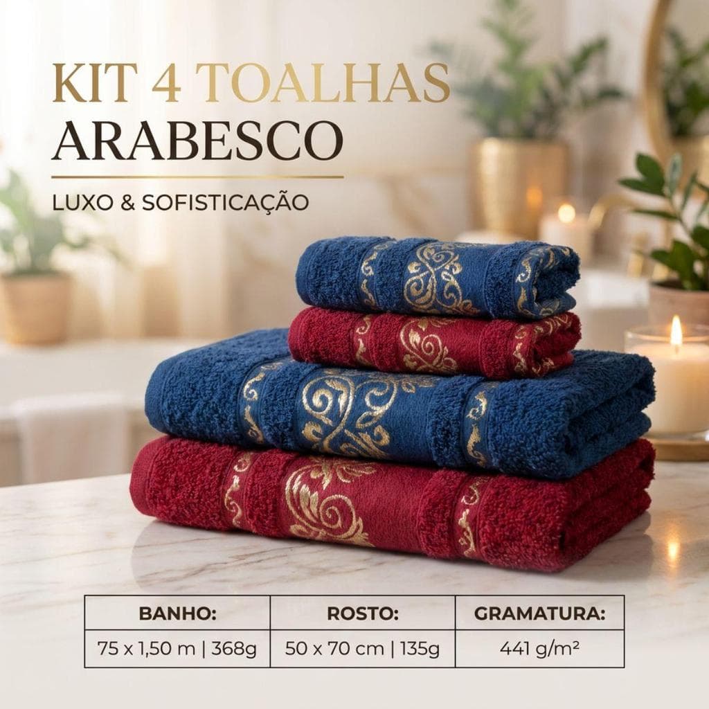 Kit Toalha Arabesco 4 Peças Banhão 2 Banho + 2 Rosto 100% Algodão Secagem Rápida