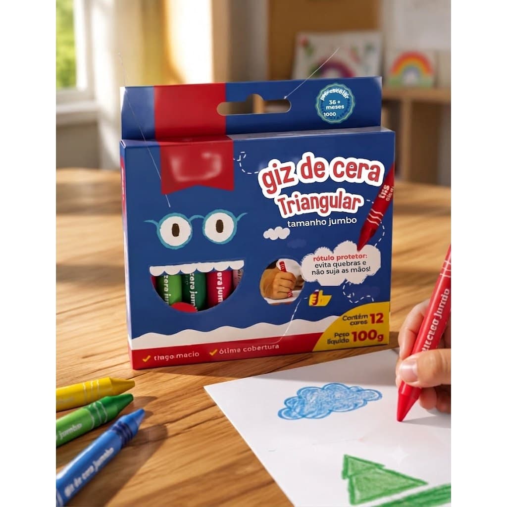 Giz de Cera Infantil Jumbo 12 Cores Grosso Não Tóxico Triangular Desenho Material Escolar Tris