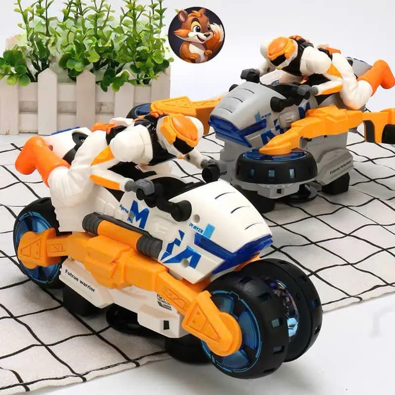 Brinquedos de motocicleta e carro que se transformam e giram 360 graus com luzes LED e música para crianças.
