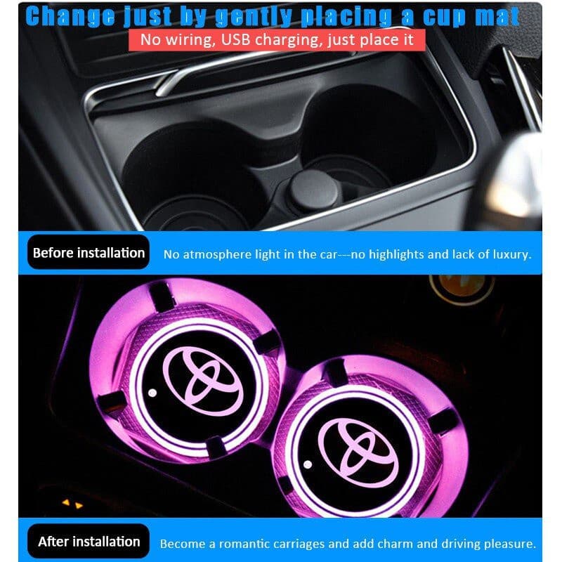 2 peças de porta-copos para carro Toyota, tapete antiderrapante para copos com luz LED, para Vios, Altis, Avanza, Vellfi