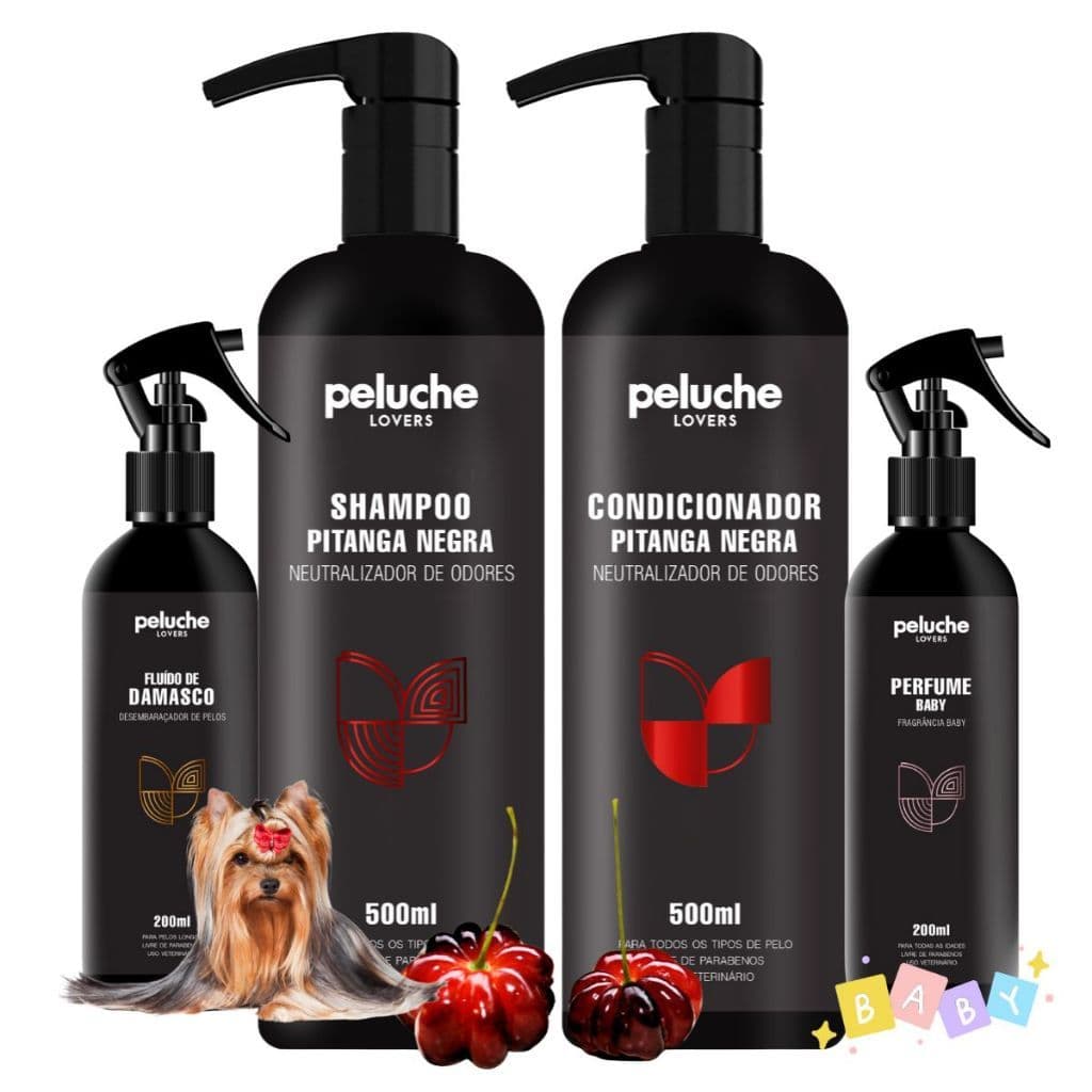 Kit Shampoo Condicionador Pet Pitanga Negra Perfume Baby Peluche Para Cães e Gatos