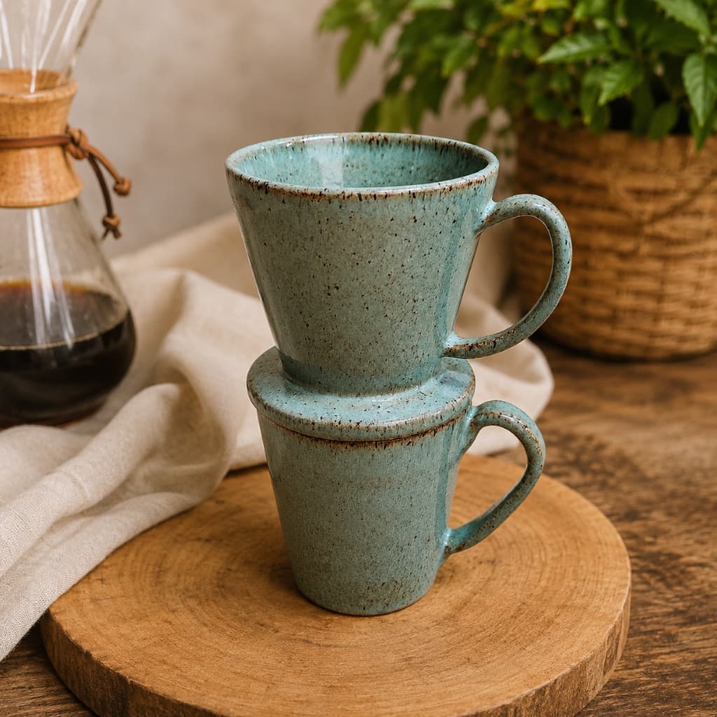Conjunto Artesanal Café Xícara 250ml + Coador Cerâmica Passador de Café Cozinha Cafeteria Mesa Posta