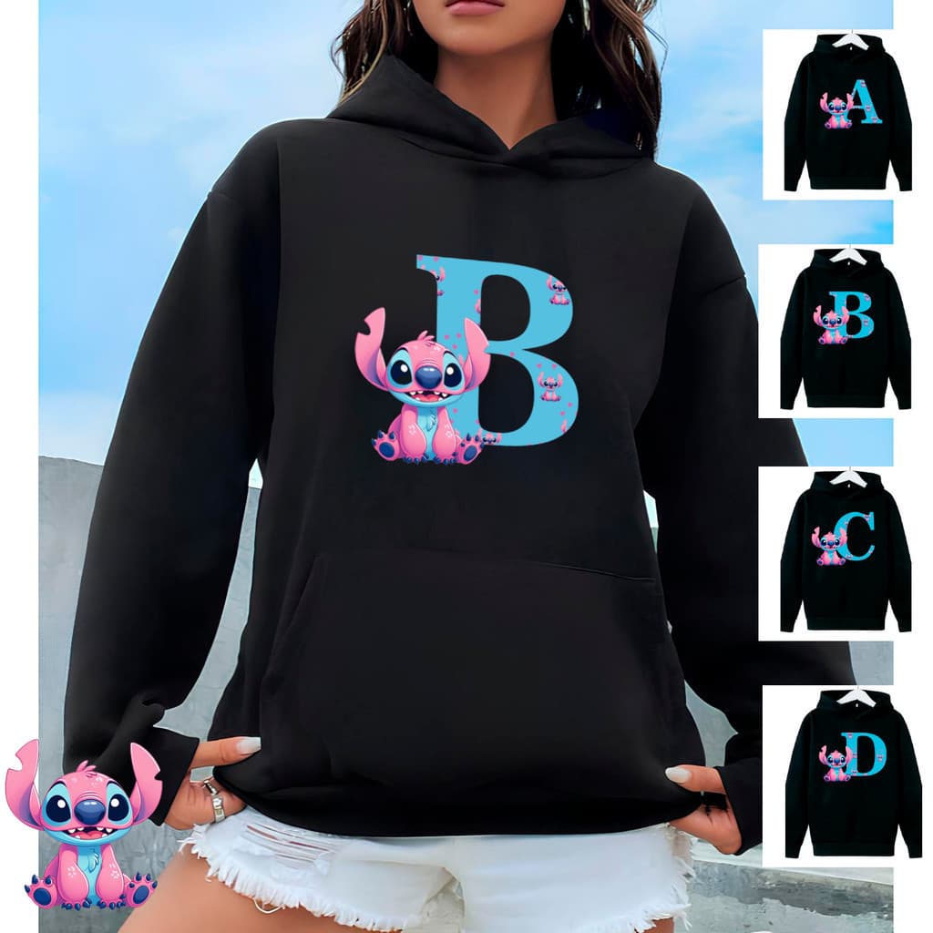 Blusa Moletom Canguru Com Capuz Stitch Letter Letras Do Alfabeto ABCD Casaco Aloha Unissex
