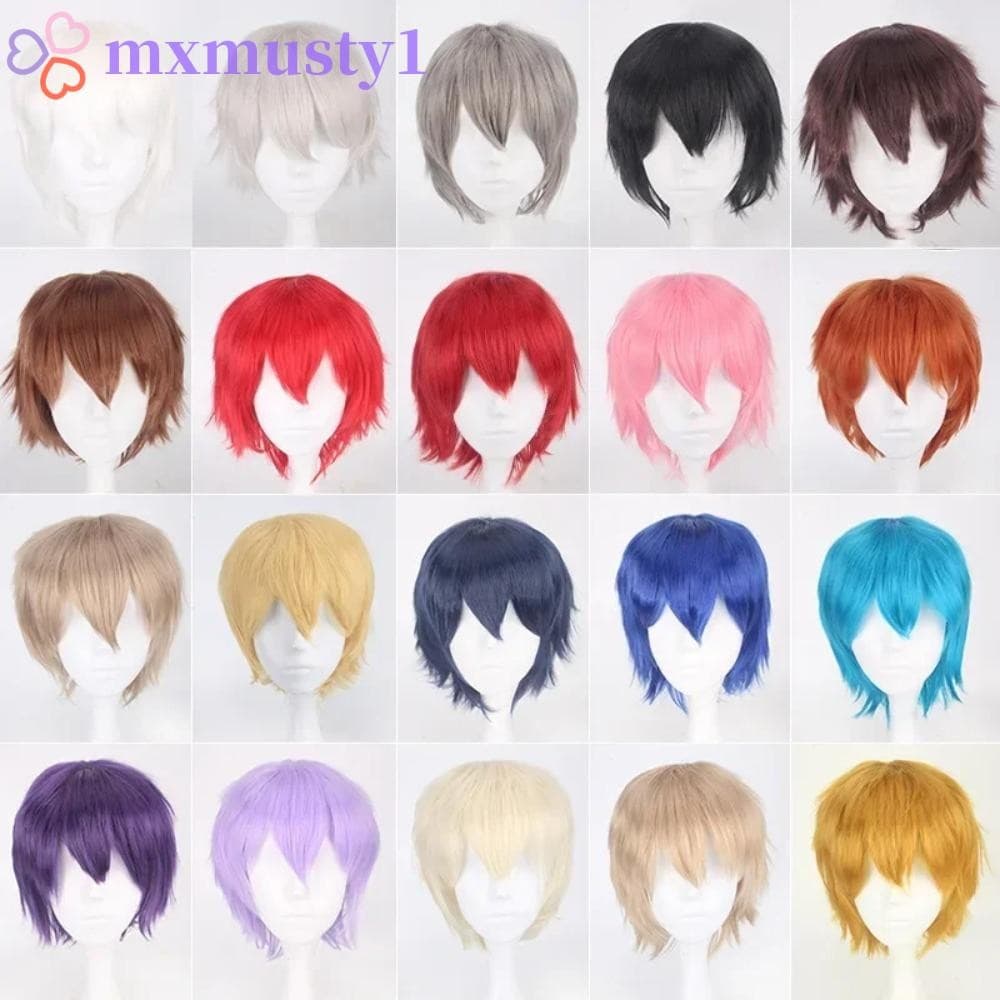 Perucas De Cosplay De Anime MXMUSTY , Cabelo Curto E Liso Sintético Multicolorido , Masculinas Em Camadas Cinza Marrom