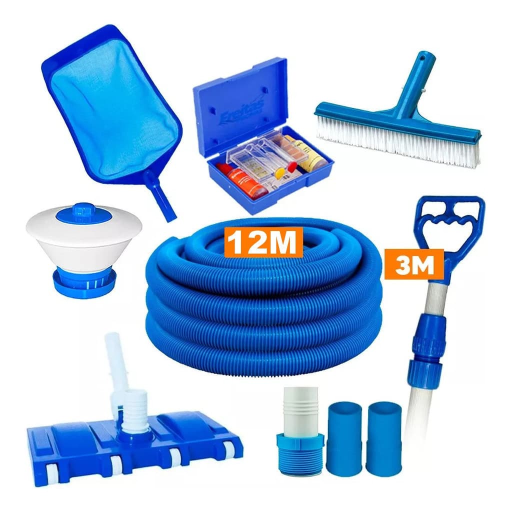 Kit Limpeza Piscina Fibra Vinil Alvenaria - Mangueira 12 Metros