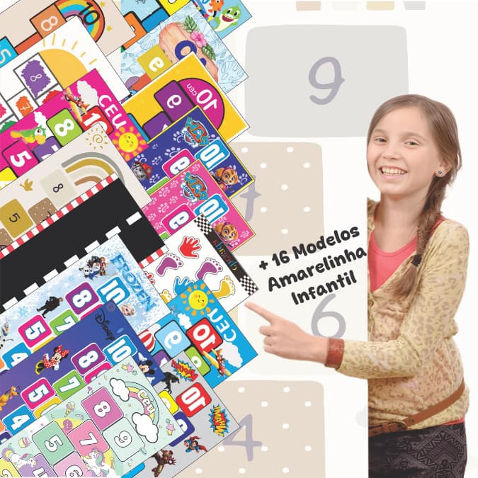 Adesivo de Chão Amarelinha Infantil Educativa Colorida Atividade Brincadeira Pedagógico Variados Personagens 150x50cm