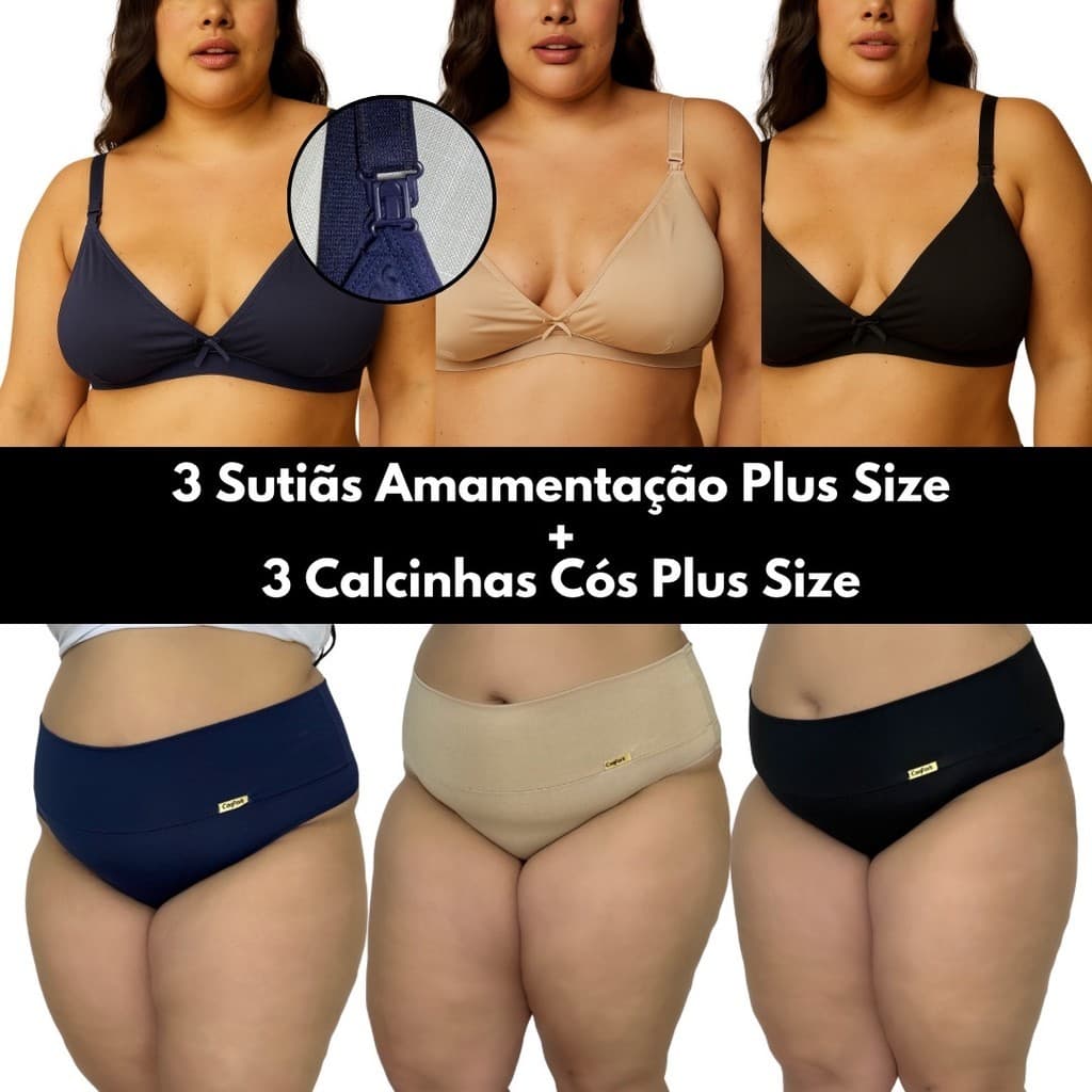 Kit Amamentação plus size 48 ao 52 3 Calcinhas + 3 Sutiã