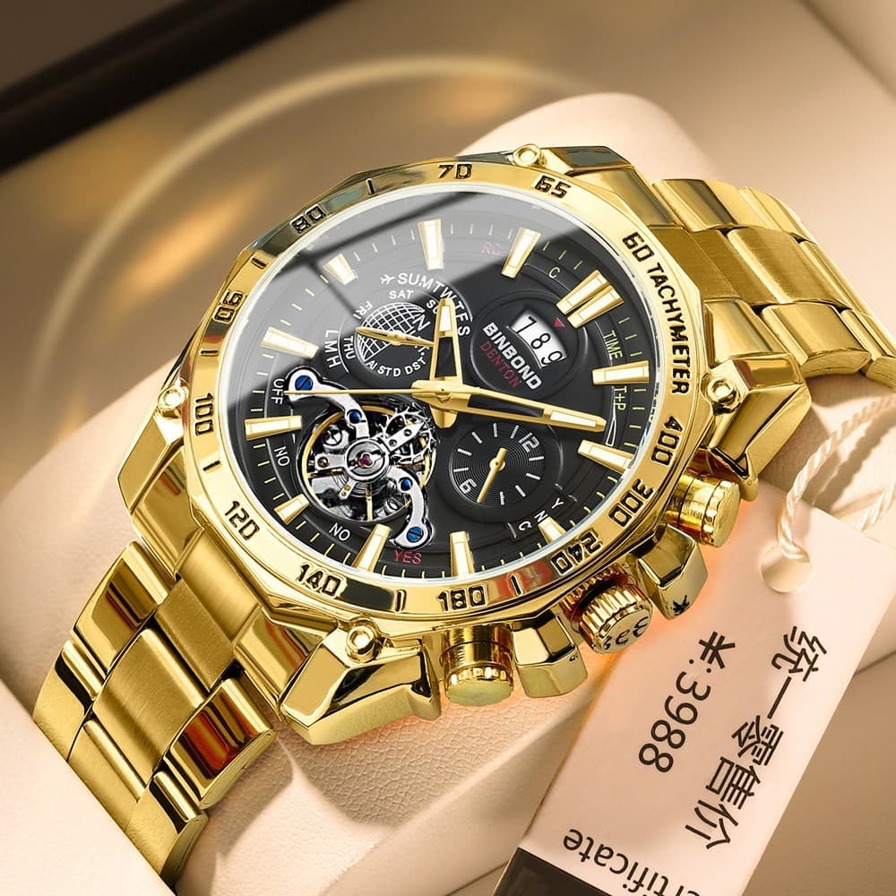 BINBOND 4750 Relógio Masculino de Luxo, Mostrador com Turbilhão, Resistente à Água, Bracelete de Aço 3225 3103
