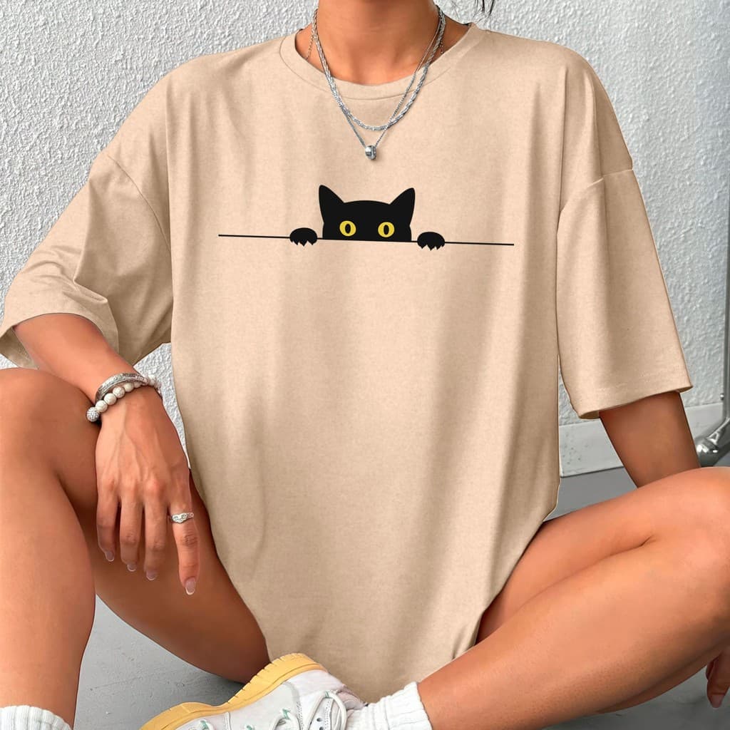 Camisetão Tipo Over Feminina Blusa  Gato Preto Academia  Lazer Algodão 30.1 Envio Imediato