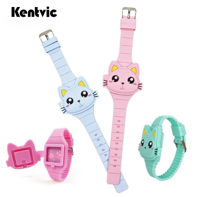 Relógio Infantil Kentvic Flip Gatinho | LED Digital Presente Silicone 5 Cores