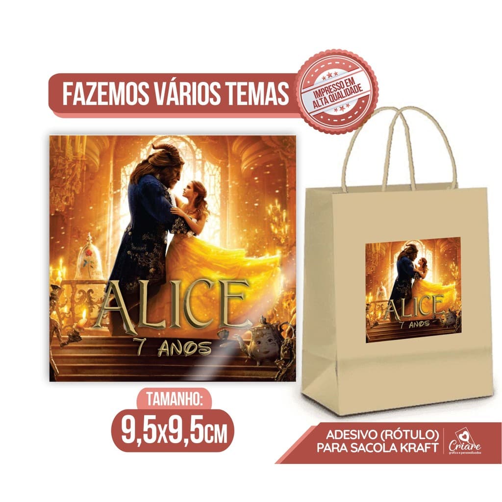 Kit Rótulo Adesivo - Bela e a Fera (o filme) - Para personalizar sacolas Kraft -Adesivo com brilho- Fazemos vários temas