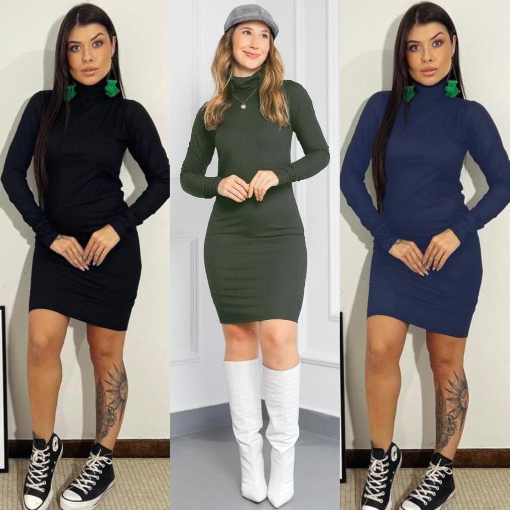 Vestido Curto Inverno Canelado Gola Alta Manga Longa Feminino Nude Quentinho Envio Imediato