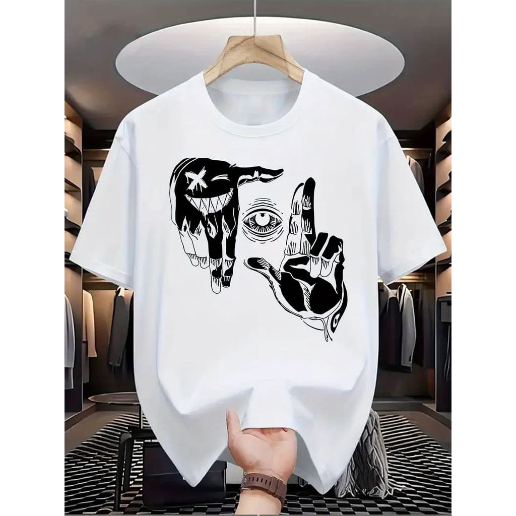 Camiseta Branca Unisex, Design com Mãos Estilizadas e Olho, Moda Urbana