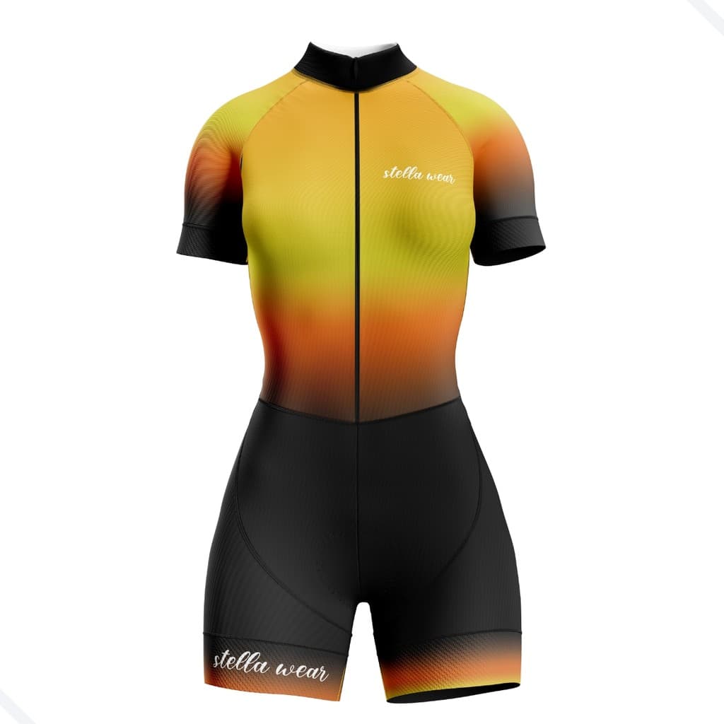 Macaquinho Ciclismo Feminino Profissional Gel Acolchoado UV Proteção MTB Speed Stella Wear Solar Amarelo com Bolsos