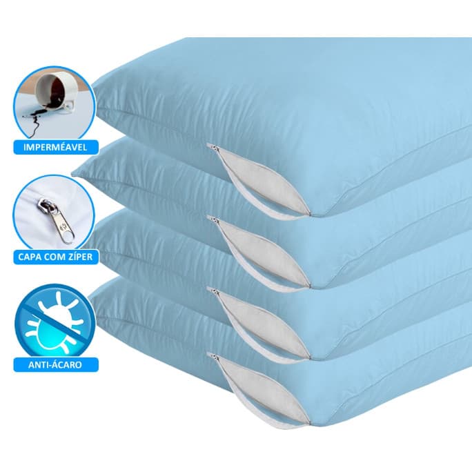 Kit 4 Capas Protetoras para Travesseiro Azul com Zíper Impermeável e Antiácaro