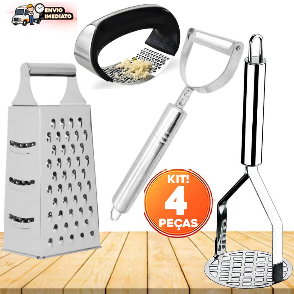 Kit 4 Peças Ralador em Inox Amassador de alho Amassador de Batata Descascador de Legumes em Inox