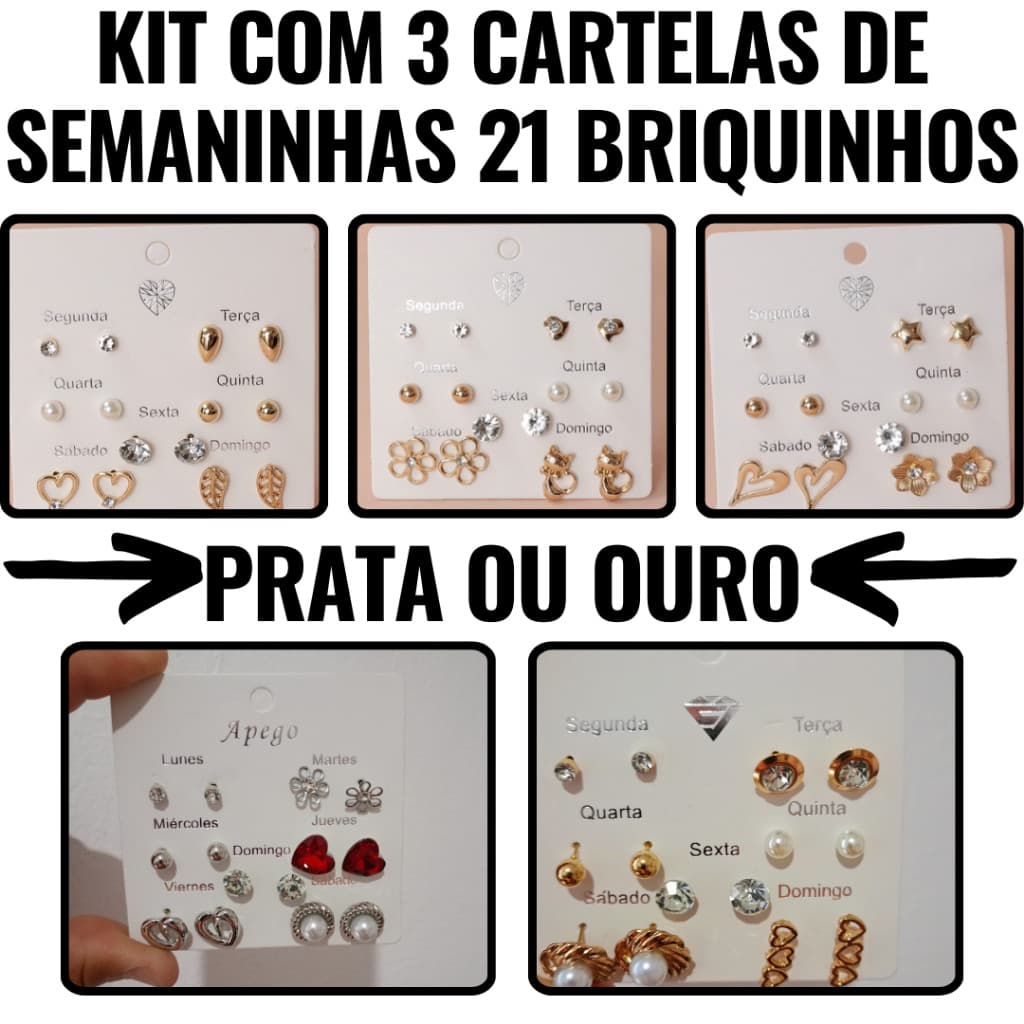 Super Kit Semaninha 3 Cartelas de Brincos Femininos Sortidos - Um Para Cada Dia da Semana!