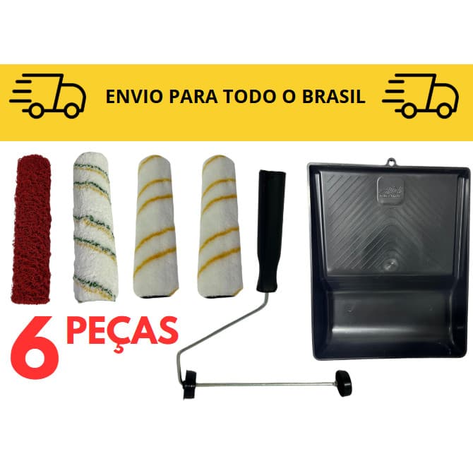 Kit 6 Peças Pintura para Parede Multiuso Rolo / Suporte / Bandeja / 4 rolos 23cm variados
