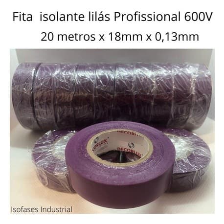 Fita isolanteroxa  Rolo 20 Metros Fita Profissional. Fita isolante roxa lilás para isolação de cabos e barramentos