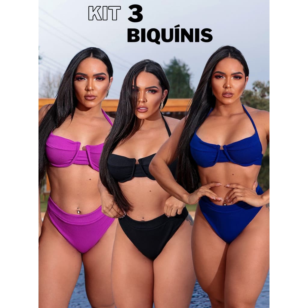 3 Biquínis Hot Pants Bojo Forrado Canelado Feminino Praia