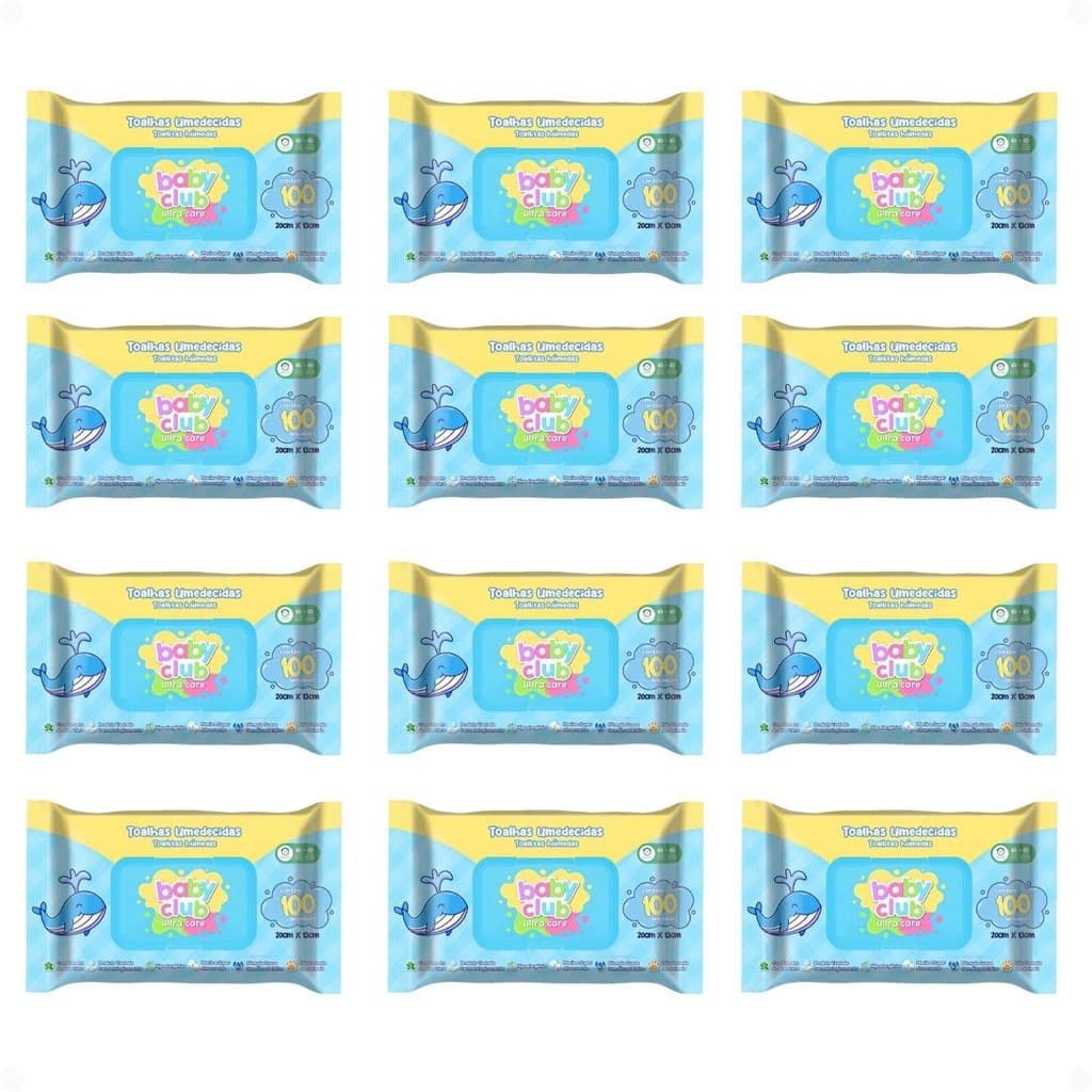 Kit Baby Club Ultra Care: 12 Pacotes Toalhas Umedecidas Baby 20x13cm Com 100Un